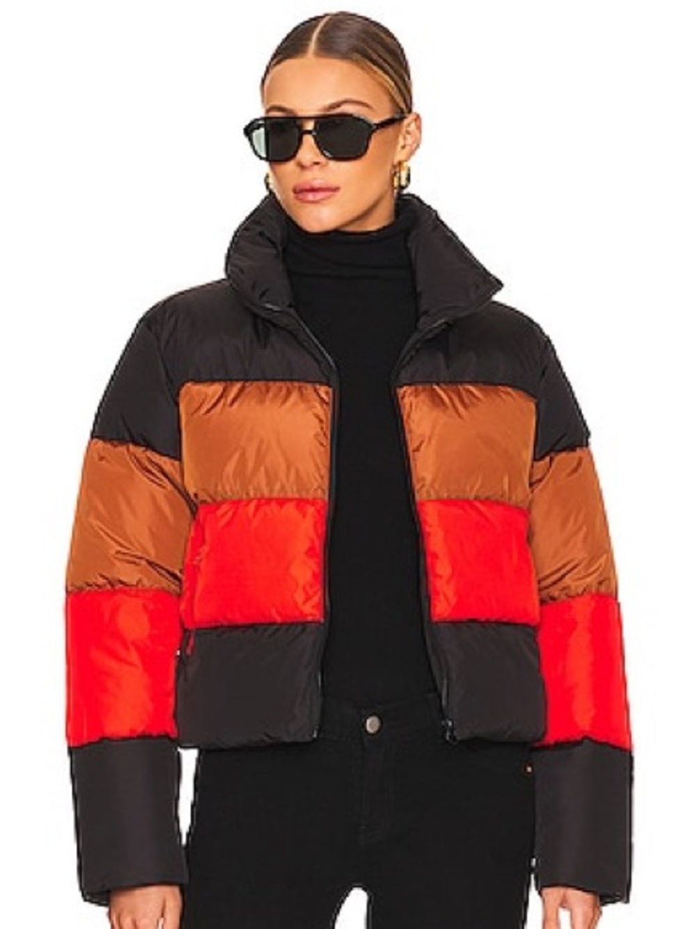 Steve Madden Colorblock Puffer Jacket Black Brown Orange Size M